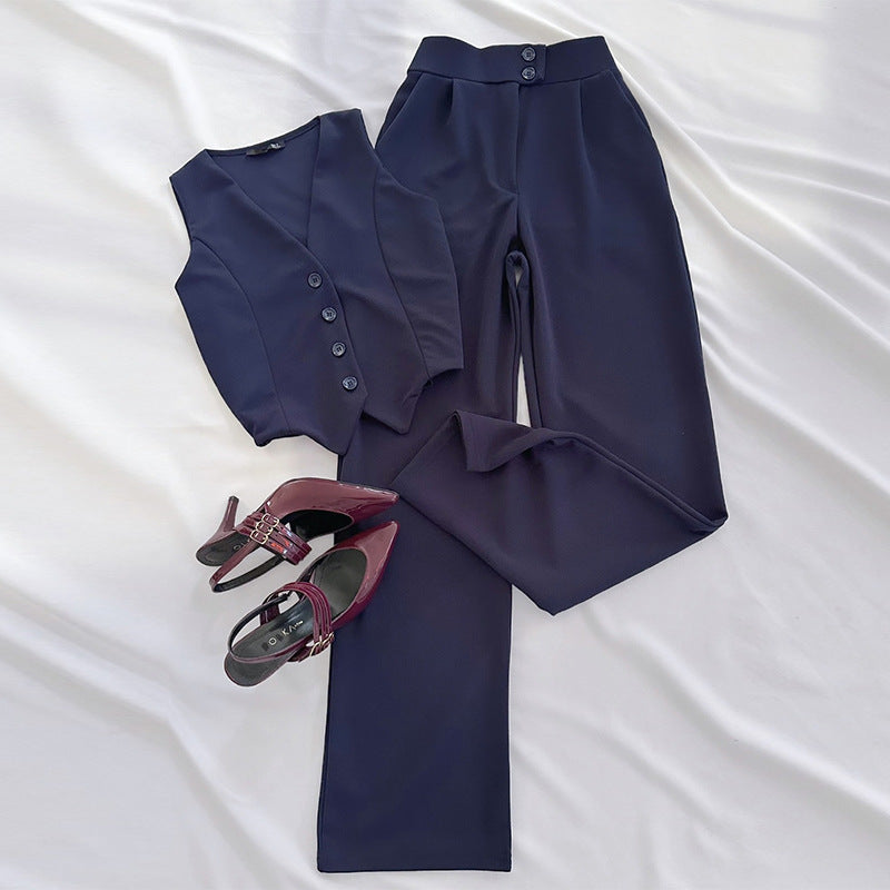 Dame Elegant Blazer-Sæt med vidde Bukseben og Knapliste Stilla