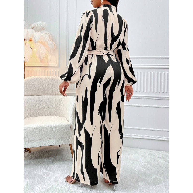 Dame Langærmet-Abstract-Print-Jumpsuit med Taljesnor Stilla
