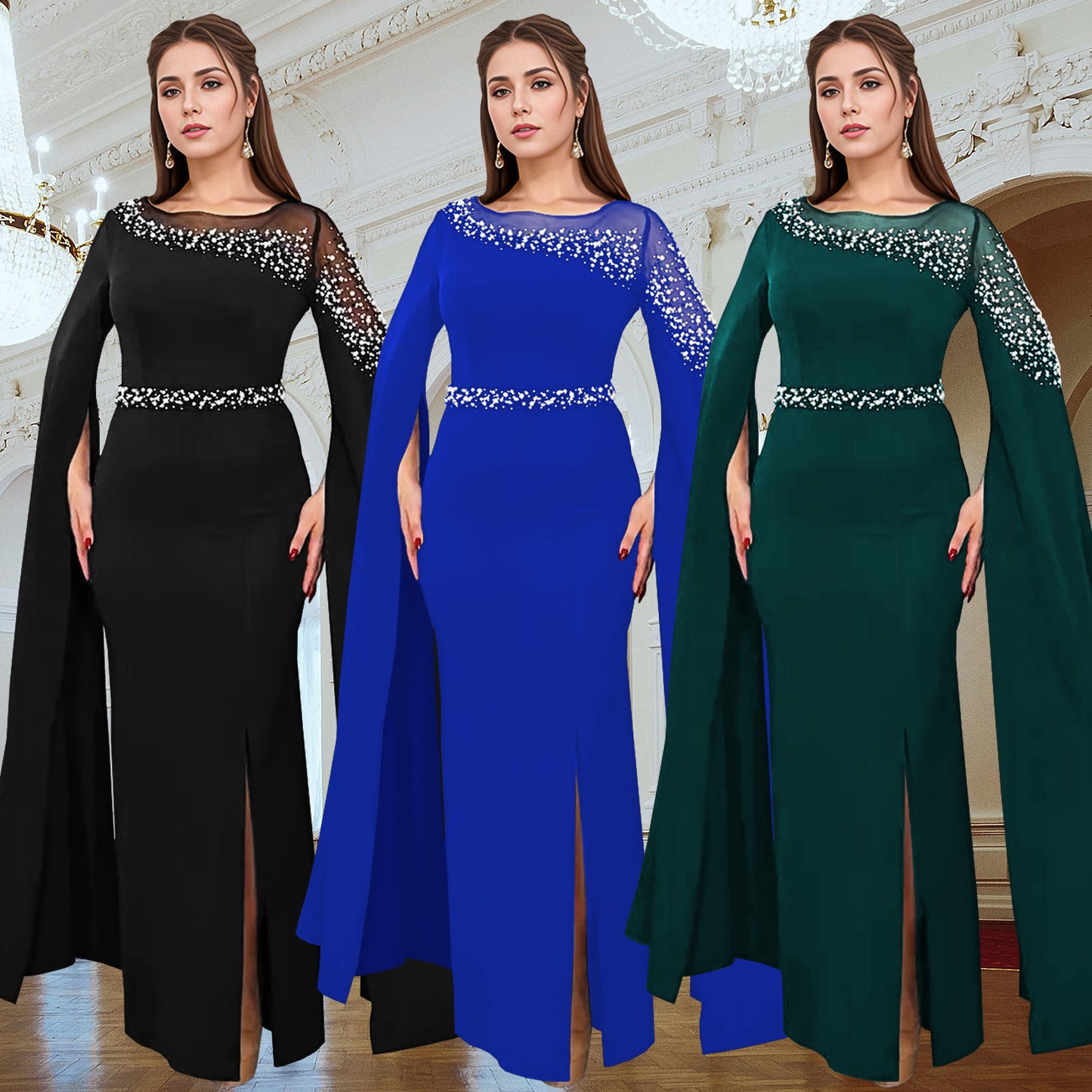 Dame elegant aftenkjole med forførende kappeærmer og fine strassdekorationer Stilla