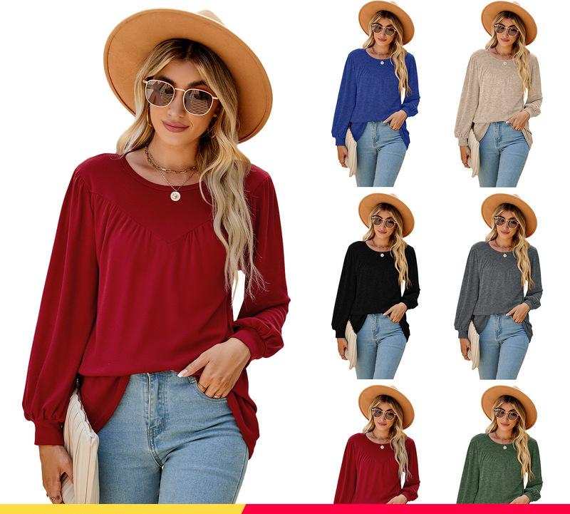 Dame afslappet langærmet skjorte med rynker og rund halsudskæring Stilla