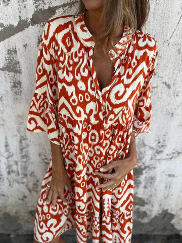 Dame afslappet bomulds kjole med V-udskæring og voluminøse ærmer Stilla