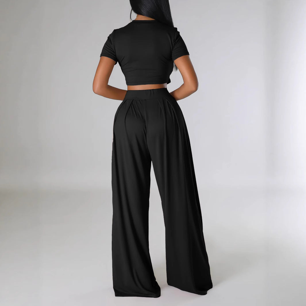 Dame Cut-Out Crop Top og brede High Waist Bukser Sæt Stilla