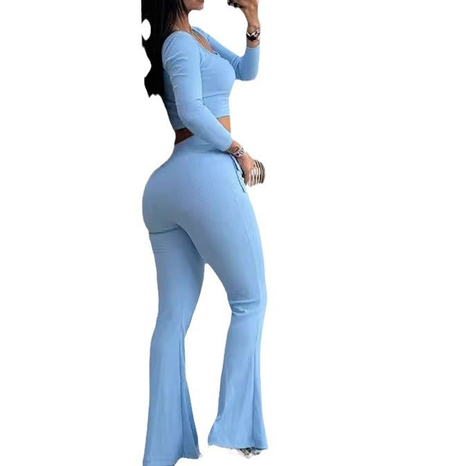 Dame Crop-Top og Flared-bukser sæt med dekorativ knaplukning og tætsiddende snit Stilla