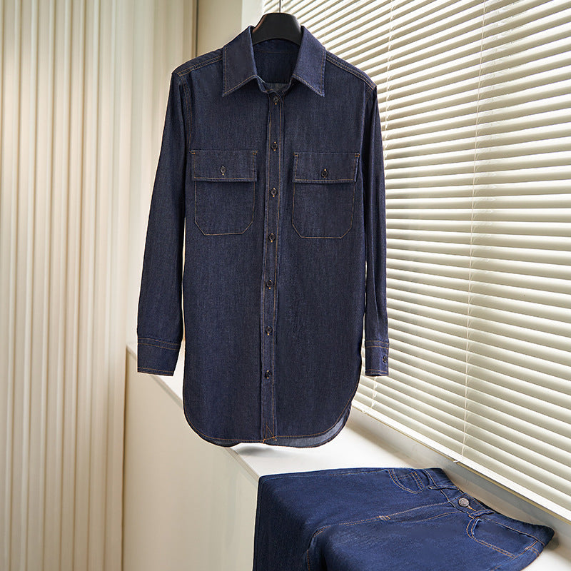 Dame afslappet denim skjortejakke med to brystlommer og moderne snit Stilla