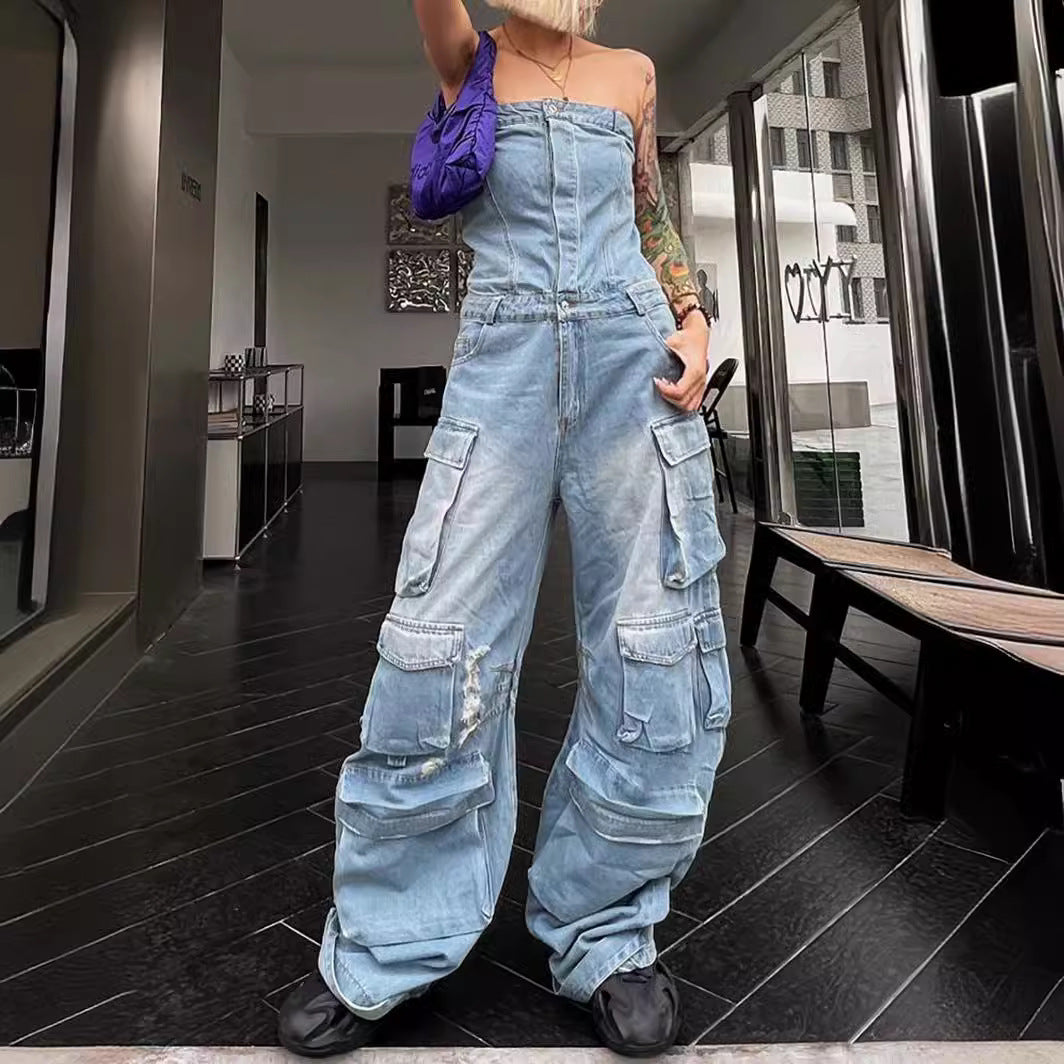 Dame afslappet denim jumpsuit med praktiske cargo-lommer og elegant snit Stilla
