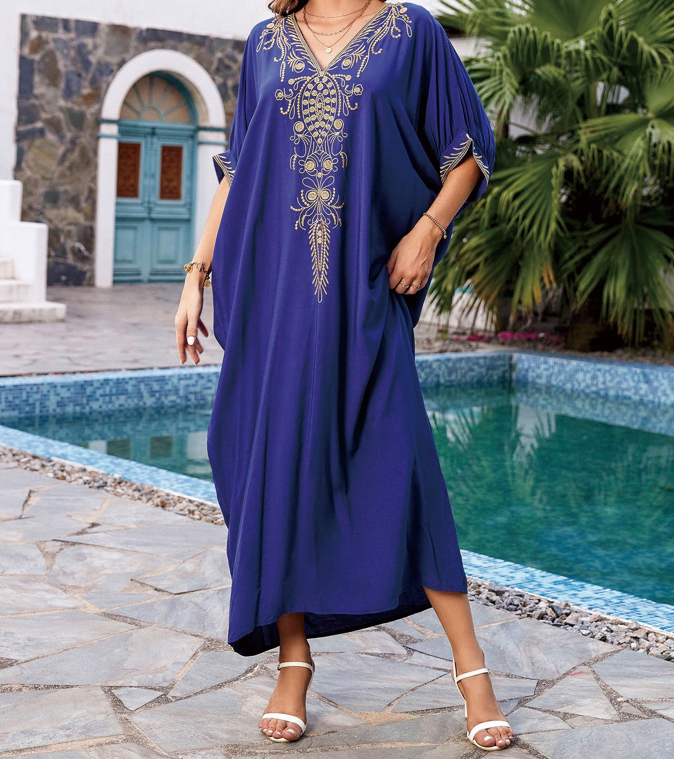 Dame Elegant Kaftankjole med kunstnerisk broderi og luftige ærmer Stilla