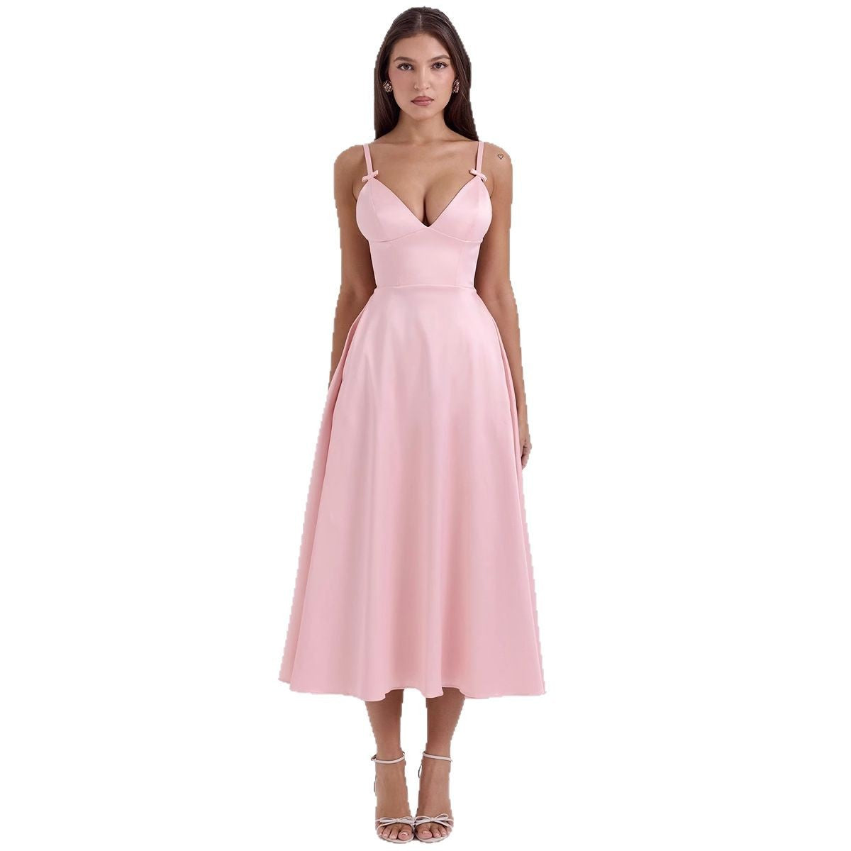 Dame A-linje aftenkjole med dyb V-udskæring og elegante spaghetti-stropper Stilla