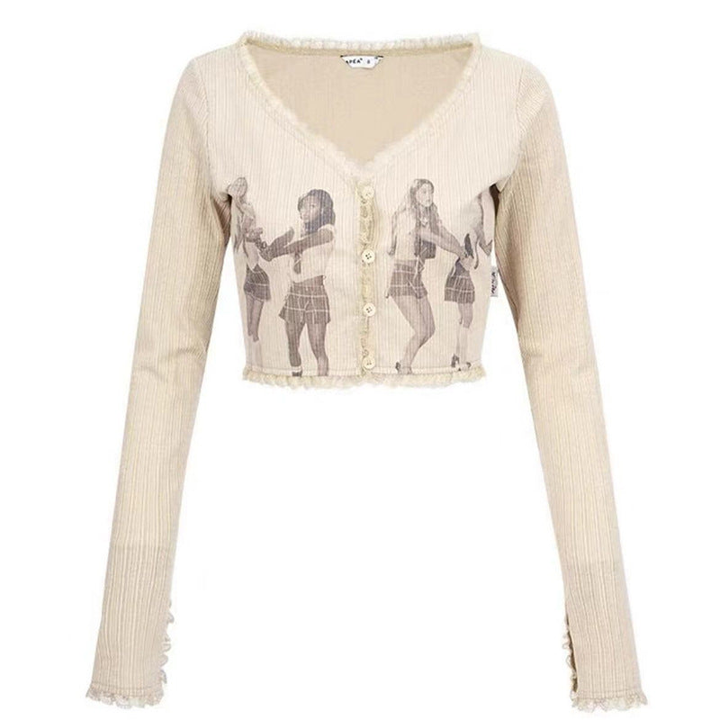 Dame Cropped Cardigan med legende tryk og knapdetaljer Stilla