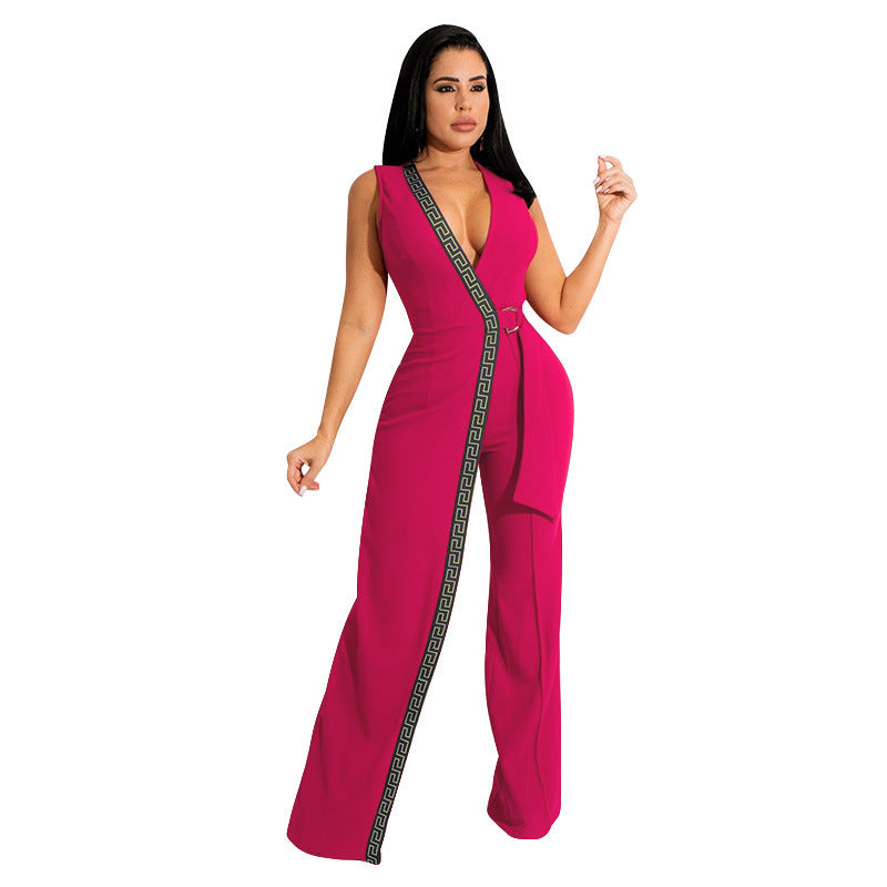 Dame Mode Jumpsuit med dyb V-udskæring og sidelæns bindebælte Stilla
