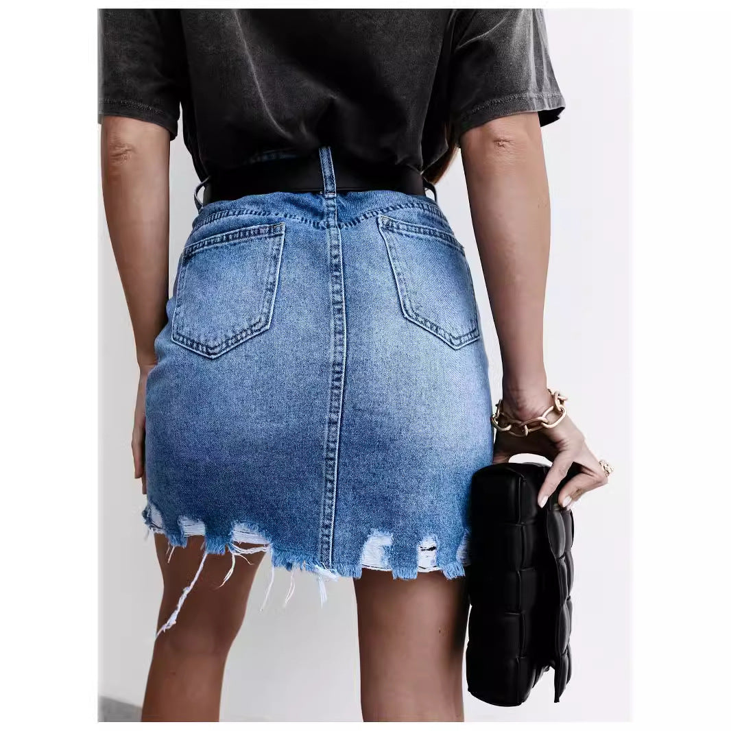 Dame Denim Minirock med frynset kant og taljeret pasform Stilla