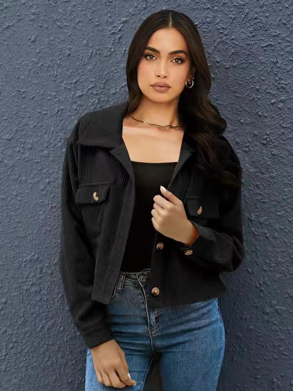 Dame elegant Cordjakke med praktiske lommer og fashionabel krave Stilla