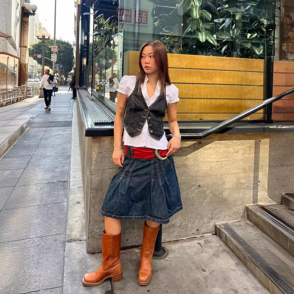 Dame denim-vest med modetræk og helhedsdesign Stilla