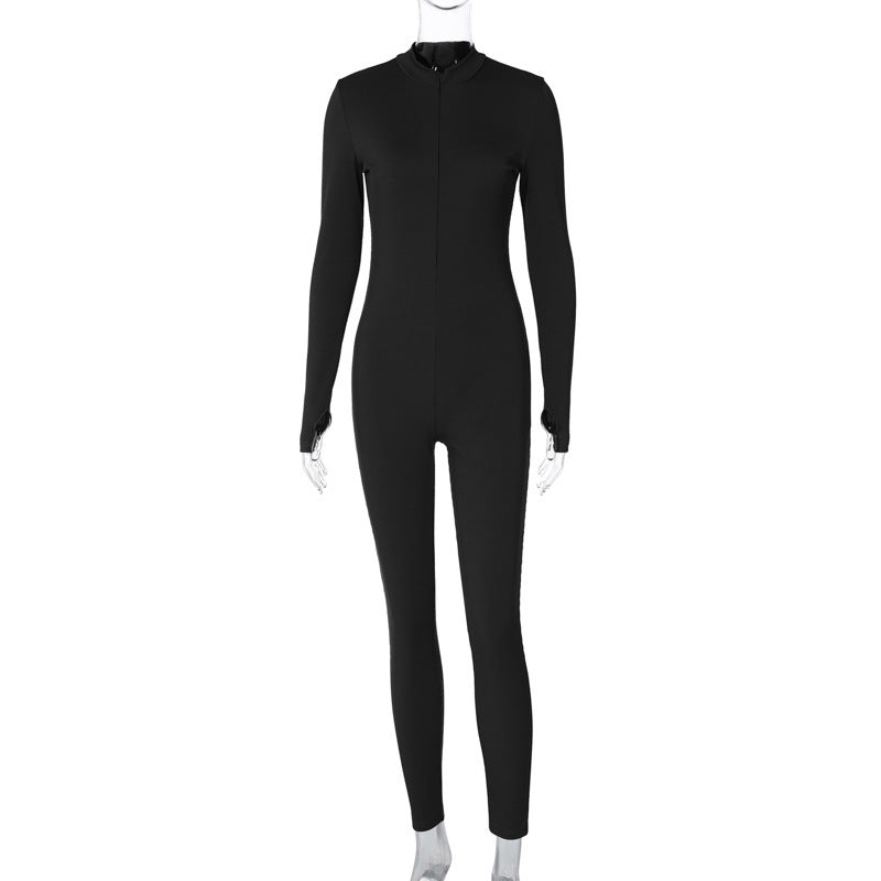 Dame Langærmet Jumpsuit med højhalset krave og figursyet snit Stilla