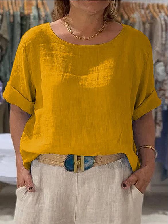 Dame afslappet linenbluse med omslagbare ærmer og elegant rundhalset udskæring Stilla