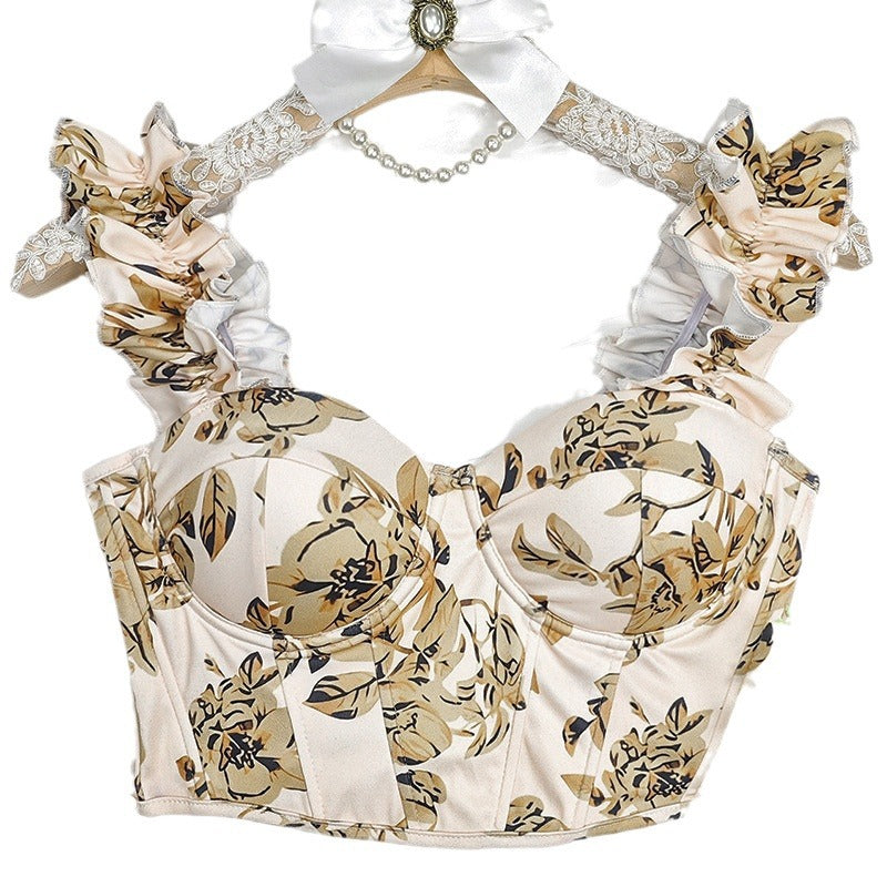 Dame Cropped Top med voluminøse flæsedetaljer og blomster mønster Stilla