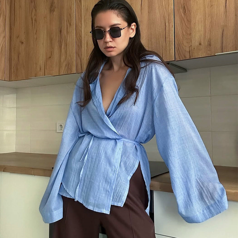 Dame afslappet oversized bluse med bælte og voluminøse ærmer Stilla
