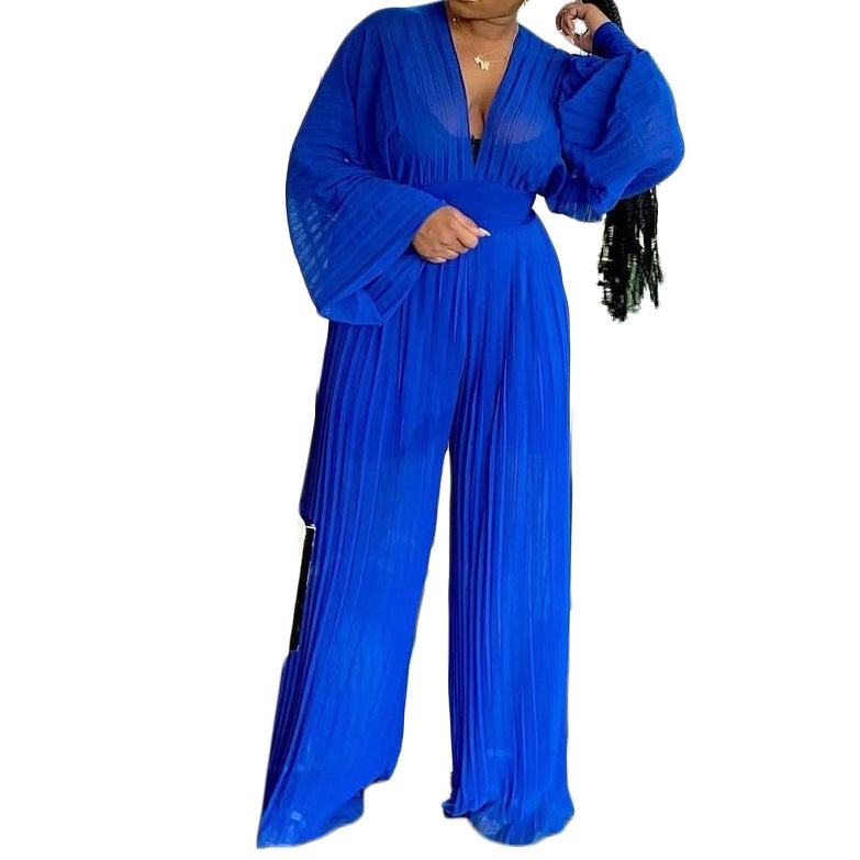 Dame Plisseret Jumpsuit med højtstående udskæring og ballonærmer Stilla