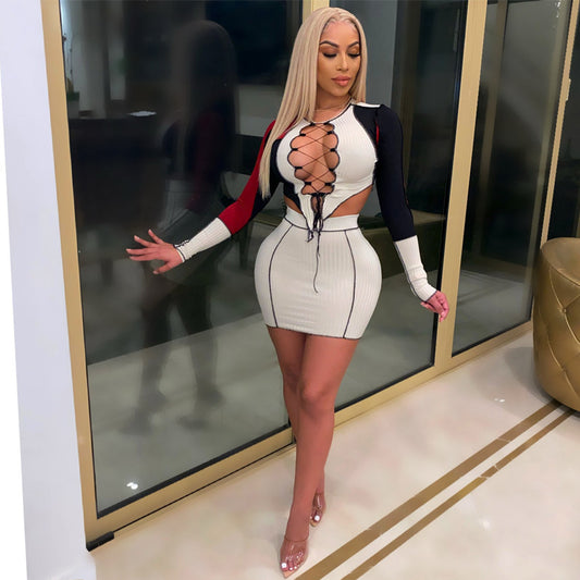 Dame Crop-Top og nederdel sæt med iøjnefaldende kontrastpaneler og snørrelook Stilla