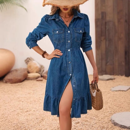 Dame jeanskjole med flæse detaljer og indsnævring Stilla