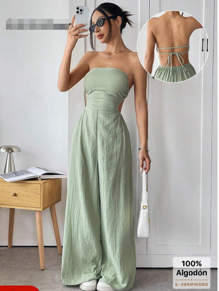 Dame strapless bredbukset jumpsuit med udskæringsdetalje Stilla