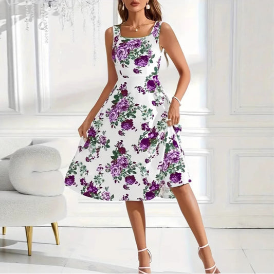 Dame Elegant blomsterkjole med firkantet udskæring og svajende nederdel Stilla