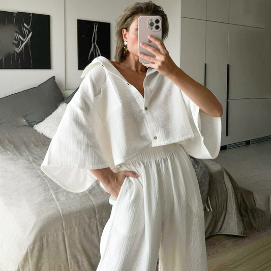 Dame afslappet jumpsuit-sæt med løs pasform og halvlange ærmer bluse Stilla