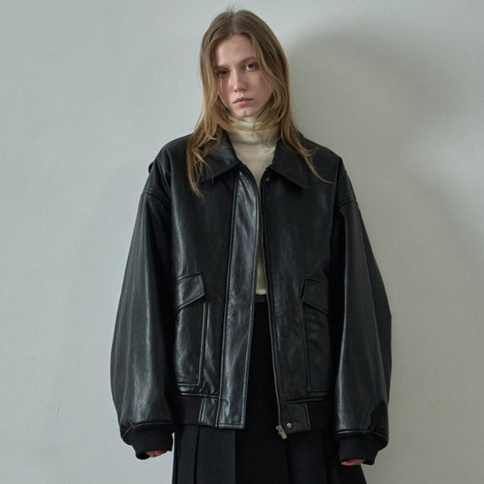 Dame afslappet læderjakke med teddykrave og løs pasform Stilla