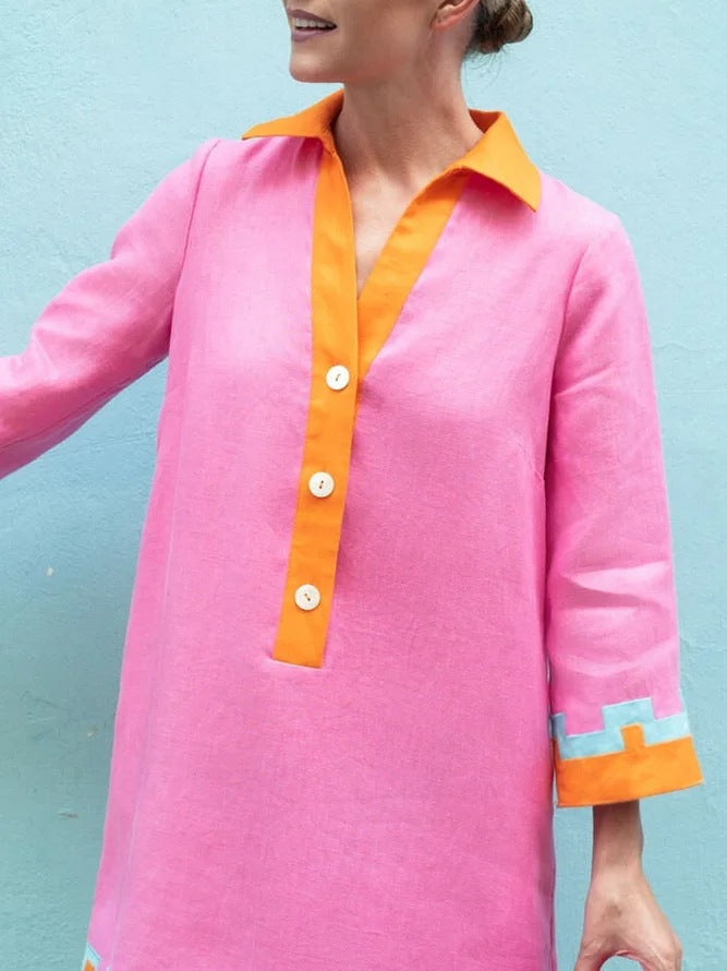 Dame afslappet linnedress med farverige accenter og smart krave Stilla