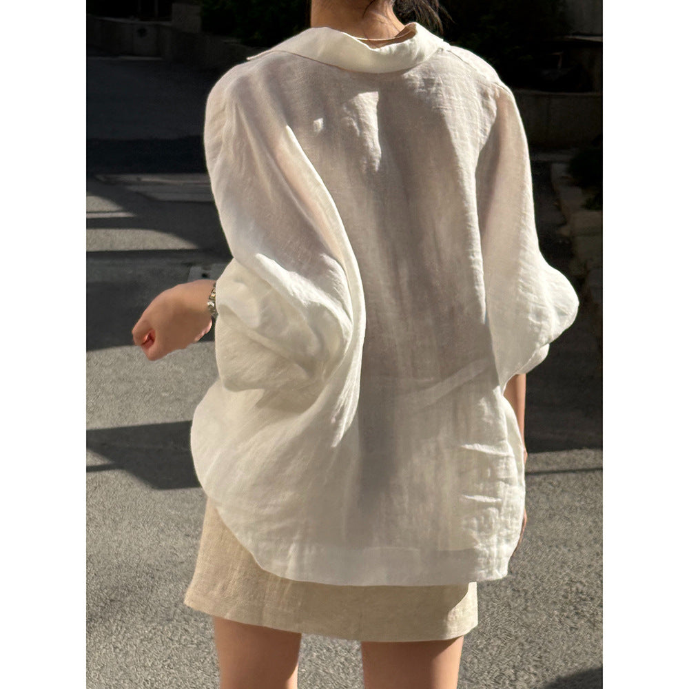 Dame afslappet linnedbluse med knapbar udskæring Stilla