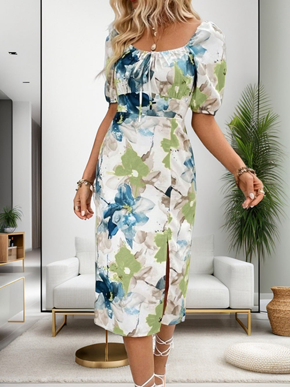 Dame Elegant Floral Midi Kjole Stilla