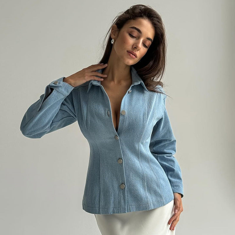 Dame Denim-bluse med figurtilpasset snit og elegante knapper Stilla