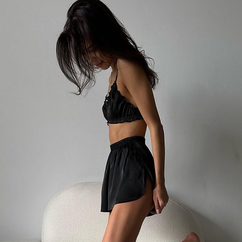 Dame Cropped Top og Shorts Sæt med elastisk talje og fine rynkedetaljer Stilla