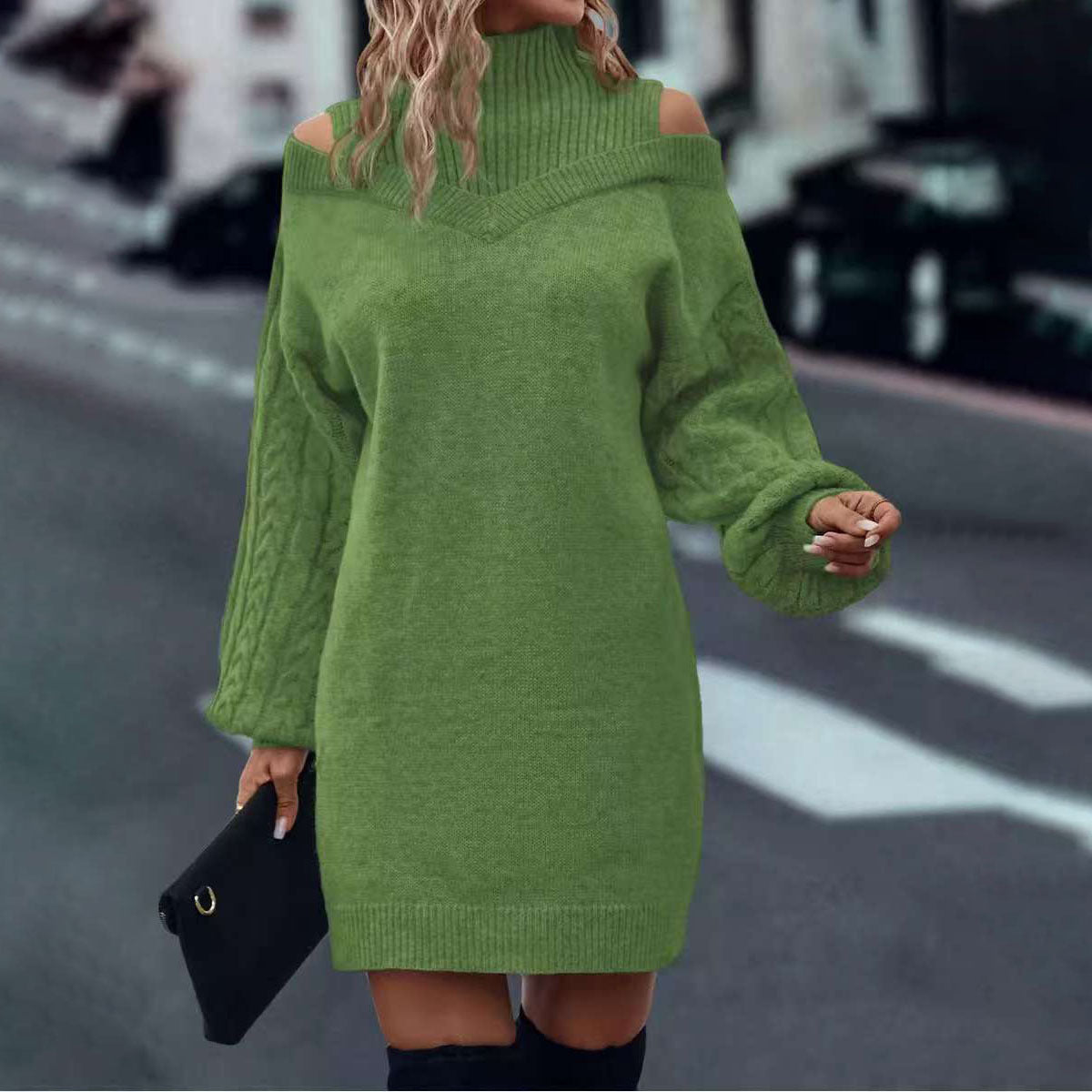 Femme Off-Shoulder Kabelstrik Pullover Kjole Stilla