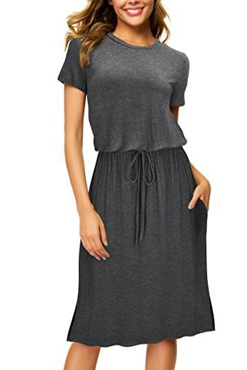 Dame afslappet midi-kjole med elastisk talje bånd og praktiske lommer Stilla