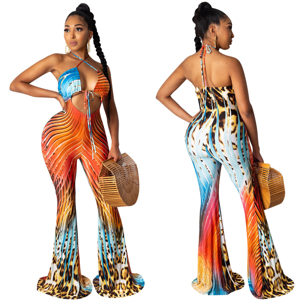 Dame Elegant Jumpsuit med farverigt grafikdesign og raffineret slids Stilla