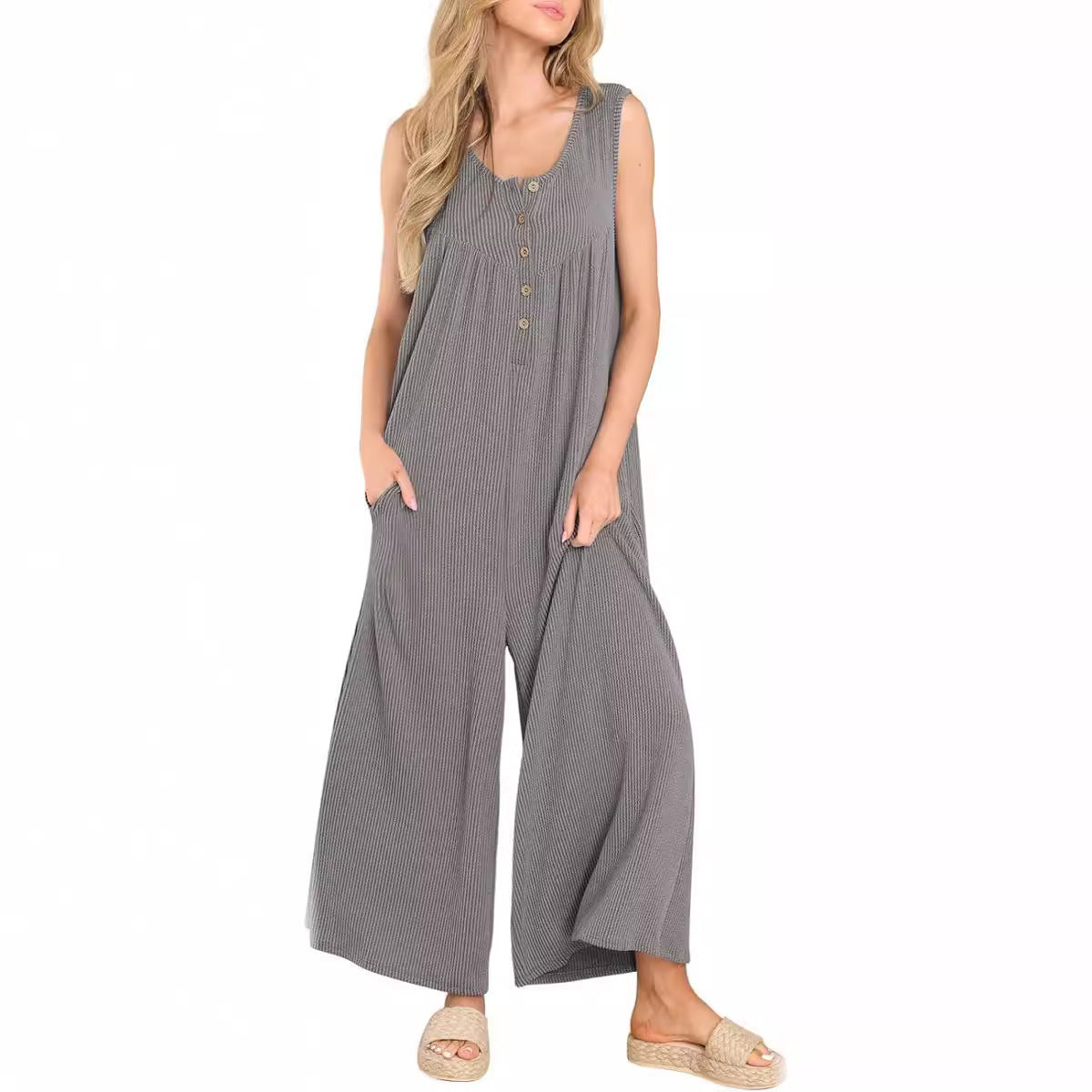 Dame Casual Jumpsuit med knaplukning og bredt ben Stilla