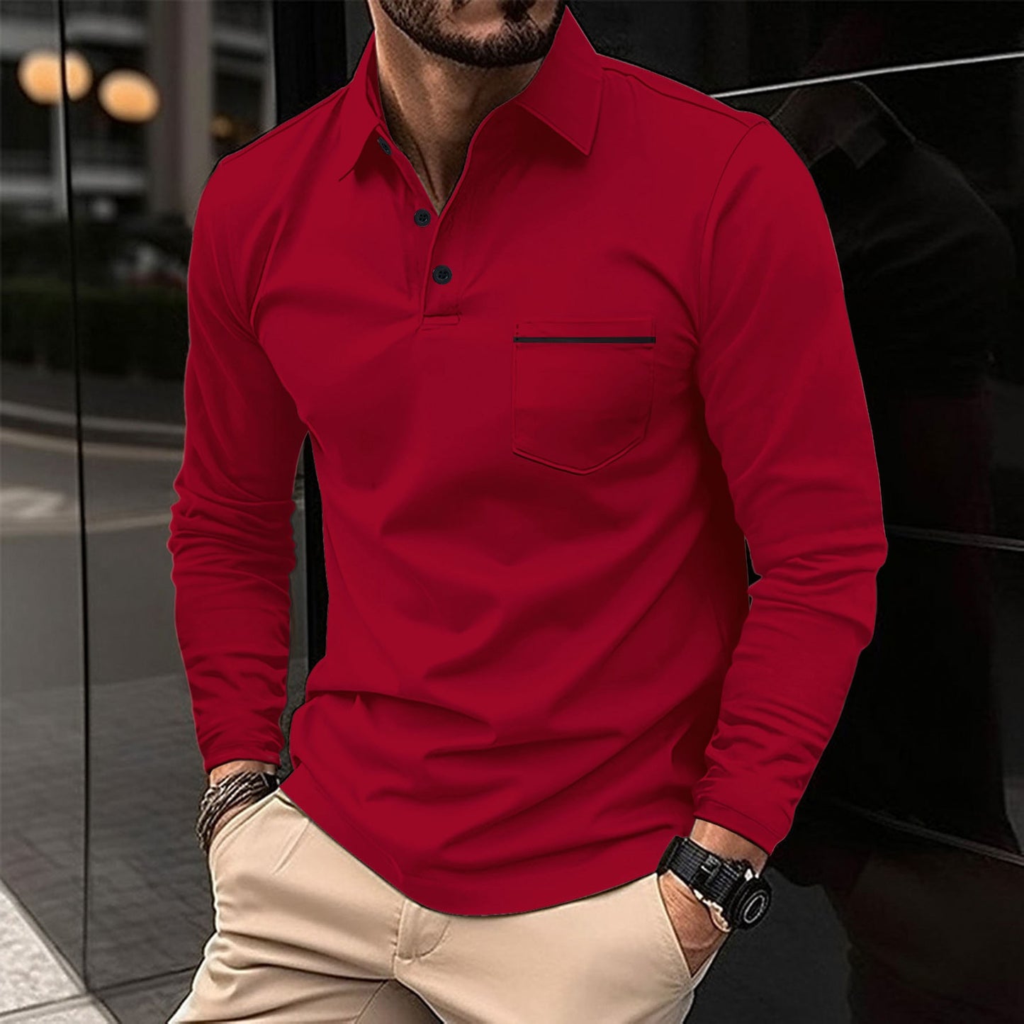 Herrer Langærmet Poloshirt med moderne krave og praktisk brystlomme Stilla