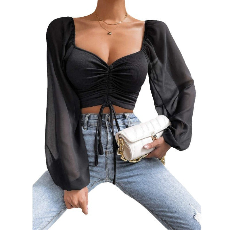 Dame Elegant Crop-top med puffede ærmer og snøremuligheder Stilla