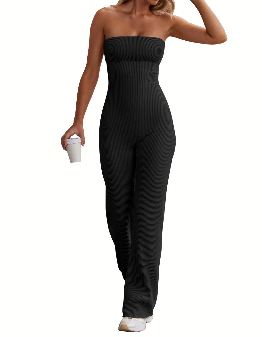 Damer stilfuld langbenet jumpsuit med ribbet design og off-shoulder snit Stilla