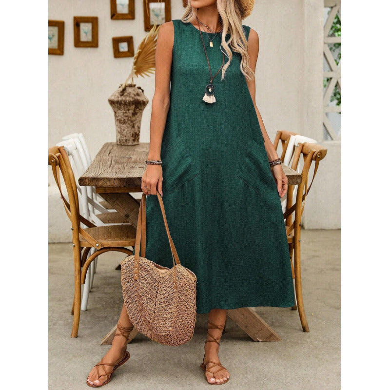 Dame afslappet maxikjole med praktiske lommer og rynket snit Stilla