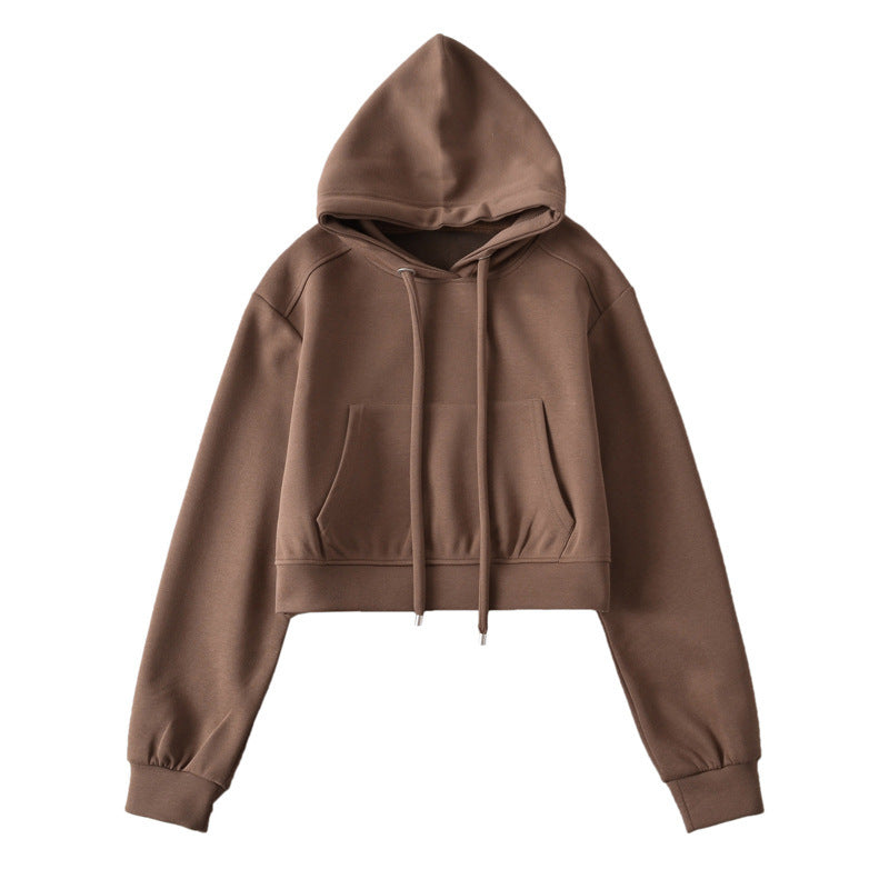 Dame Cropped Hættepullover i blødt Sweatstof med praktiske Kængurulommer Stilla