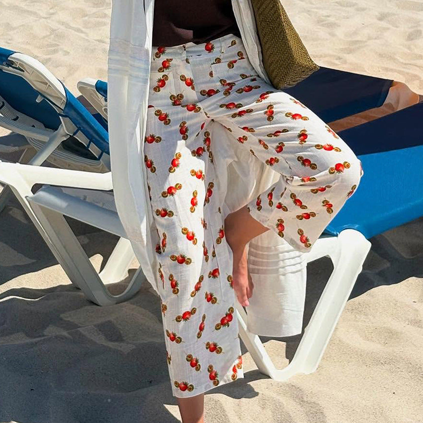 Dame afslappede linnedbukser med maritim hummermotiv og løs pasform Stilla