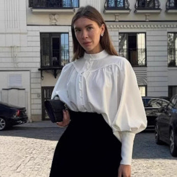 Dame Elegant Bluse med voluminøse ærmer og klassisk ståkrave Stilla
