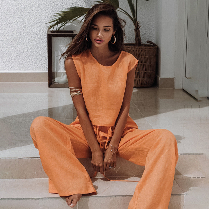 Dame afslappet linned kjole med taljejusterbar bindebånd Stilla