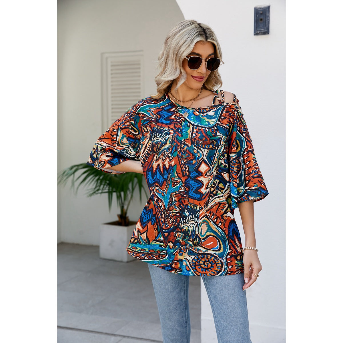 Dame afslappet oversized top med farverigt mønster og bred pasform Stilla