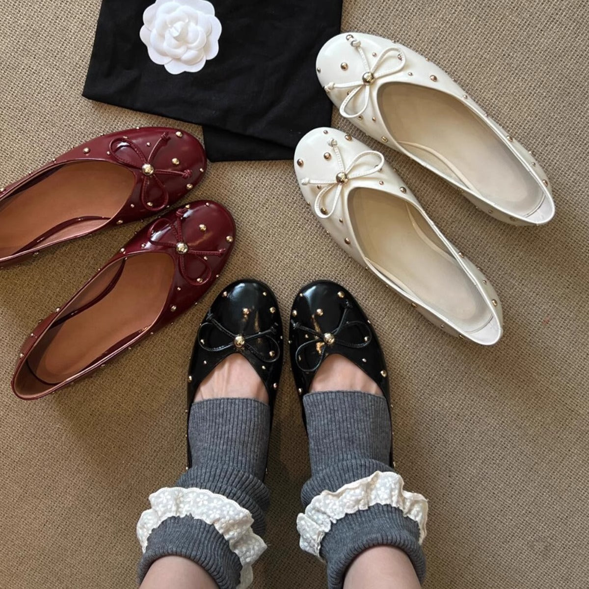 Dame Dekoreret Bue-Detalje Ballerina Flats Stilla