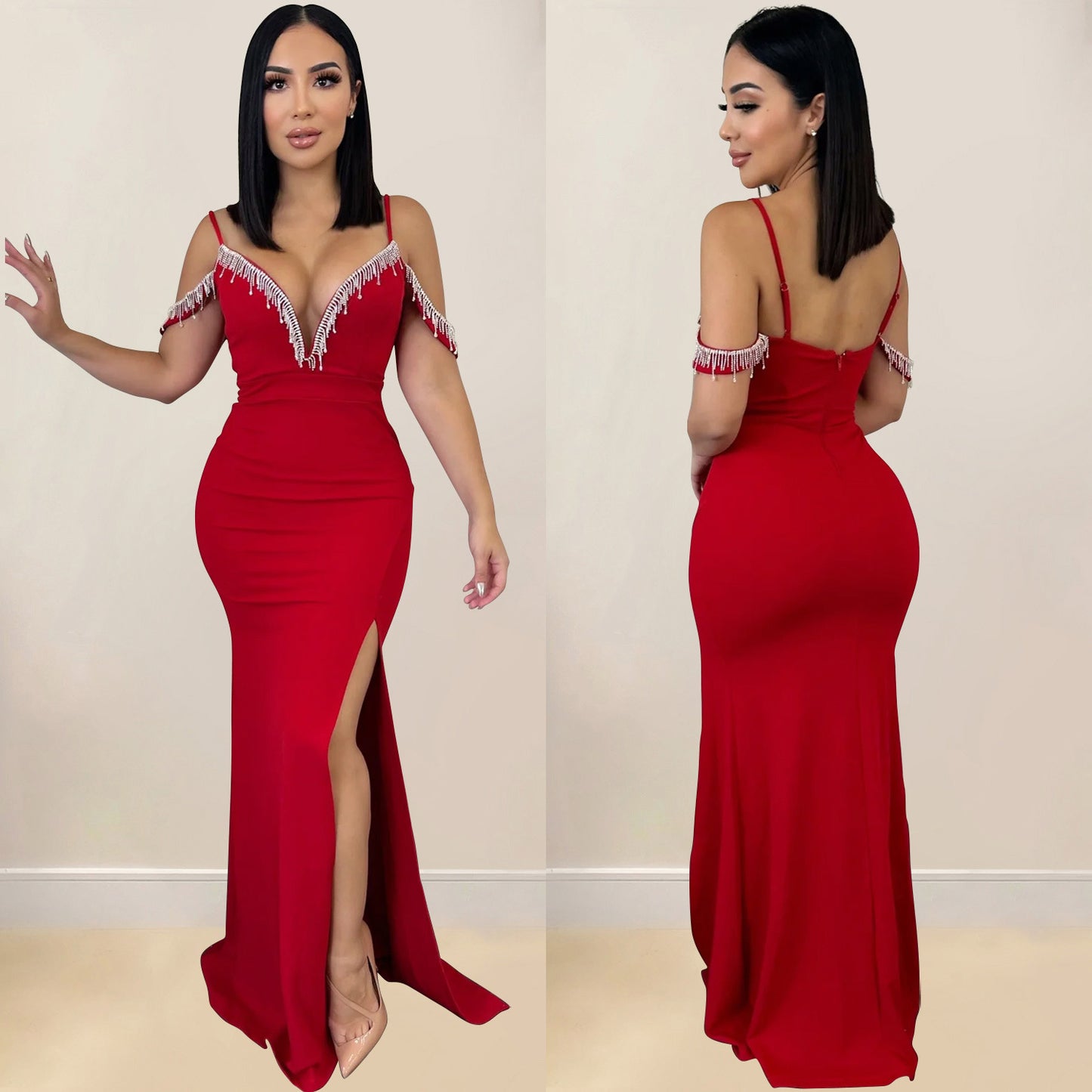 Dame Elegant aften kjole med glitrende rhinestone detaljer og dyb V-udskæring Stilla