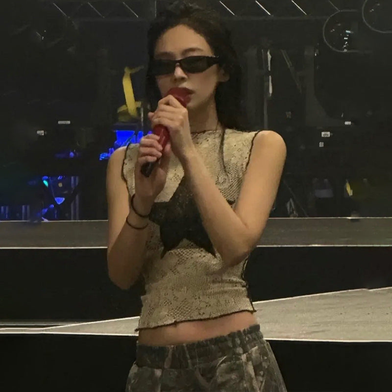 Dame Cropped Shirt med stjernedesign og netstof Stilla