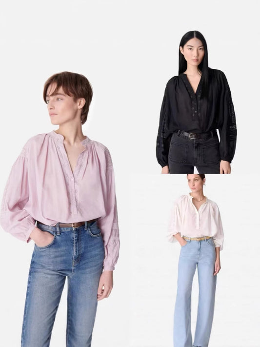 Dame afslappet bluse med fint V-udskæring og voluminøse ærmer Stilla