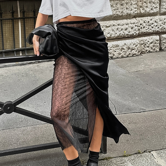 Dame Elegant gennemsigtig nederdel med høj slids og satinlook Stilla